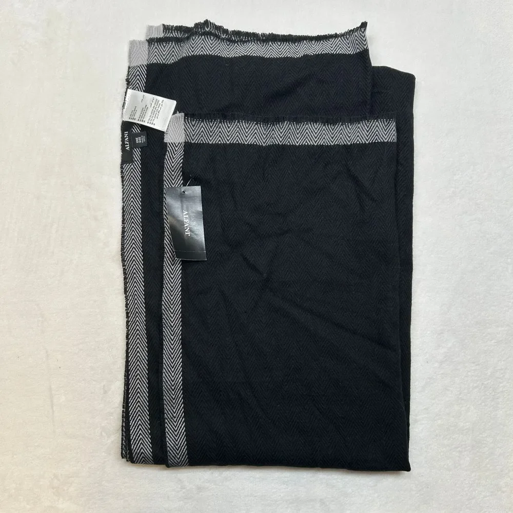 Alfani Black Herringbone Scarf Mens One Size Gray Trim Border Elegant Winter $50